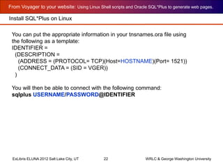 From Voyager to your website: Using Linux Shell scripts and Oracle SQL*Plus to generate web pages.
ExLibris ELUNA 2012 Salt Lake City, UT 22 WRLC & George Washington University
You can put the appropriate information in your tnsnames.ora file using
the following as a template:
IDENTIFIER =
(DESCRIPTION =
(ADDRESS = (PROTOCOL= TCP)(Host=HOSTNAME)(Port= 1521))
(CONNECT_DATA = (SID = VGER))
)
You will then be able to connect with the following command:
sqlplus USERNAME/PASSWORD@IDENTIFIER
Install SQL*Plus on Linux
 