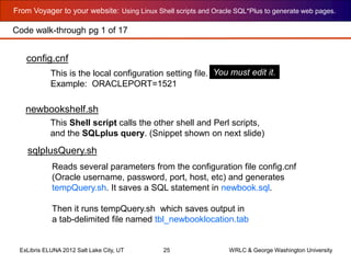 From Voyager to your website: Using Linux Shell scripts and Oracle SQL*Plus to generate web pages.
ExLibris ELUNA 2012 Salt Lake City, UT 25 WRLC & George Washington University
newbookshelf.sh
This Shell script calls the other shell and Perl scripts,
and the SQLplus query. (Snippet shown on next slide)
sqlplusQuery.sh
Reads several parameters from the configuration file config.cnf
(Oracle username, password, port, host, etc) and generates
tempQuery.sh. It saves a SQL statement in newbook.sql.
Then it runs tempQuery.sh which saves output in
a tab-delimited file named tbl_newbooklocation.tab
config.cnf
This is the local configuration setting file.
Example: ORACLEPORT=1521
You must edit it.
Code walk-through pg 1 of 17
 