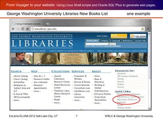 From Voyager to your website: Using Linux Shell scripts and Oracle SQL*Plus to generate web pages.
ExLibris ELUNA 2012 Salt Lake City, UT 7 WRLC & George Washington University
George Washington University Libraries New Books List one example
 