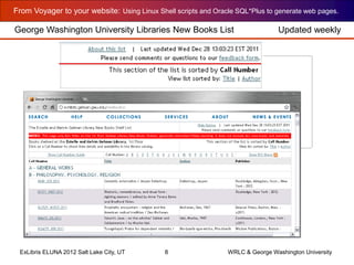 From Voyager to your website: Using Linux Shell scripts and Oracle SQL*Plus to generate web pages.
ExLibris ELUNA 2012 Salt Lake City, UT 8 WRLC & George Washington University
George Washington University Libraries New Books List Updated weekly
 