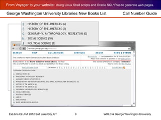 From Voyager to your website: Using Linux Shell scripts and Oracle SQL*Plus to generate web pages.
ExLibris ELUNA 2012 Salt Lake City, UT 9 WRLC & George Washington University
George Washington University Libraries New Books List Call Number Guide
 