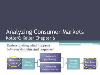Analyzing Consumer MarketsKotler & Keller Chapter 6 Understanding what happens between stimulus and response1 Consumer psychology Marketing stimuli Other stimuli Buying Decision Process Purchase Decision Consumer characteristics 