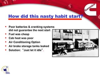 How did this nasty habit start?
§  Poor batteries & cranking systems
did not guarantee the next start
§  Fuel was cheap
§ ...