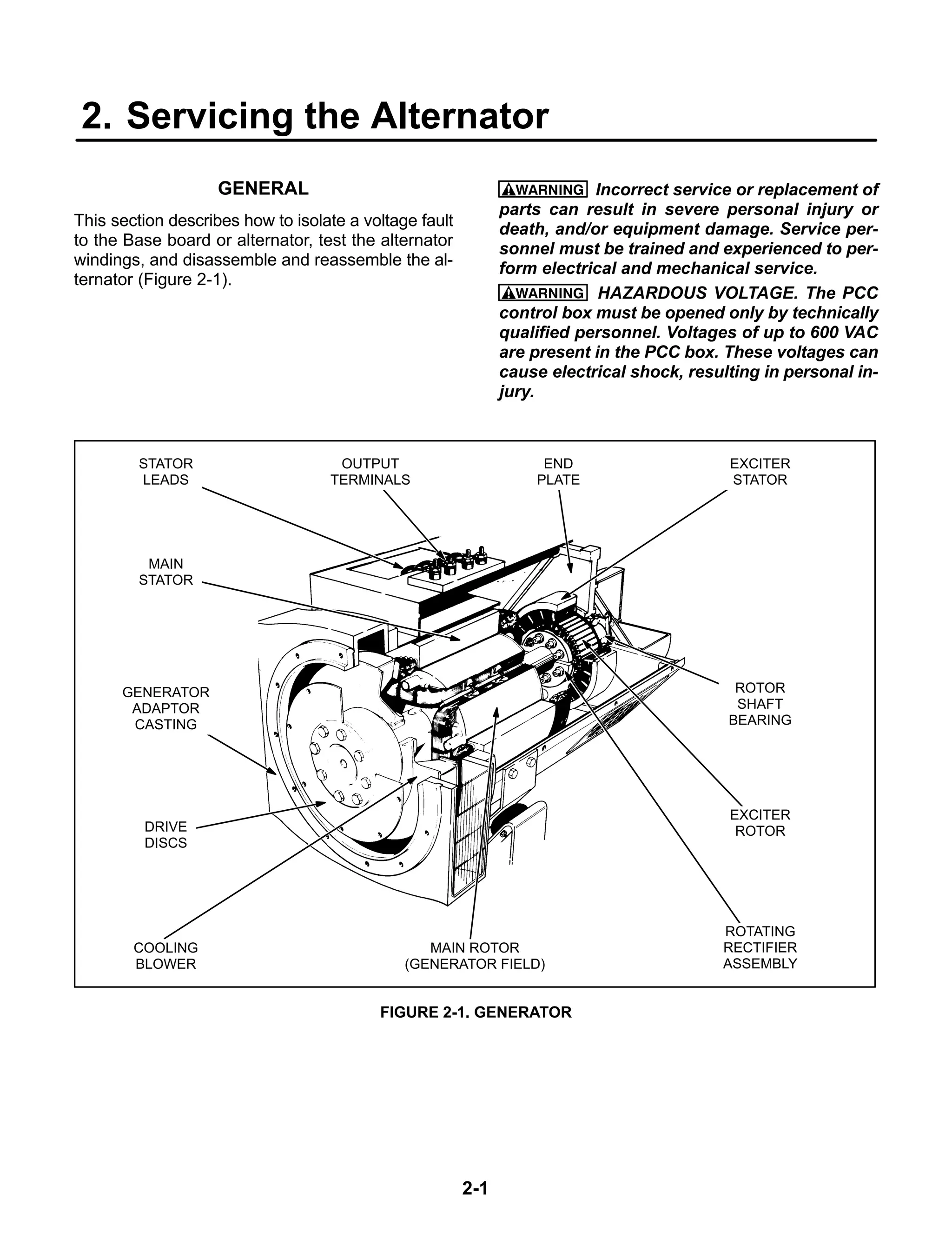 2-1
2. Servicing the Alternator
GENERAL
This section describes how to isolate a voltage fault
to the Base board or alternator, test the alternator
windings, and disassemble and reassemble the al-
ternator (Figure 2-1).
WARNING Incorrect service or replacement of
parts can result in severe personal injury or
death, and/or equipment damage. Service per-
sonnel must be trained and experienced to per-
form electrical and mechanical service.
WARNING HAZARDOUS VOLTAGE. The PCC
control box must be opened only by technically
qualified personnel. Voltages of up to 600 VAC
are present in the PCC box. These voltages can
cause electrical shock, resulting in personal in-
jury.
OUTPUT
TERMINALS
END
PLATE
EXCITER
STATOR
DRIVE
DISCS
MAIN ROTOR
(GENERATOR FIELD)
ROTATING
RECTIFIER
ASSEMBLY
EXCITER
ROTOR
ROTOR
SHAFT
BEARING
COOLING
BLOWER
STATOR
LEADS
GENERATOR
ADAPTOR
CASTING
MAIN
STATOR
FIGURE 2-1. GENERATOR
 