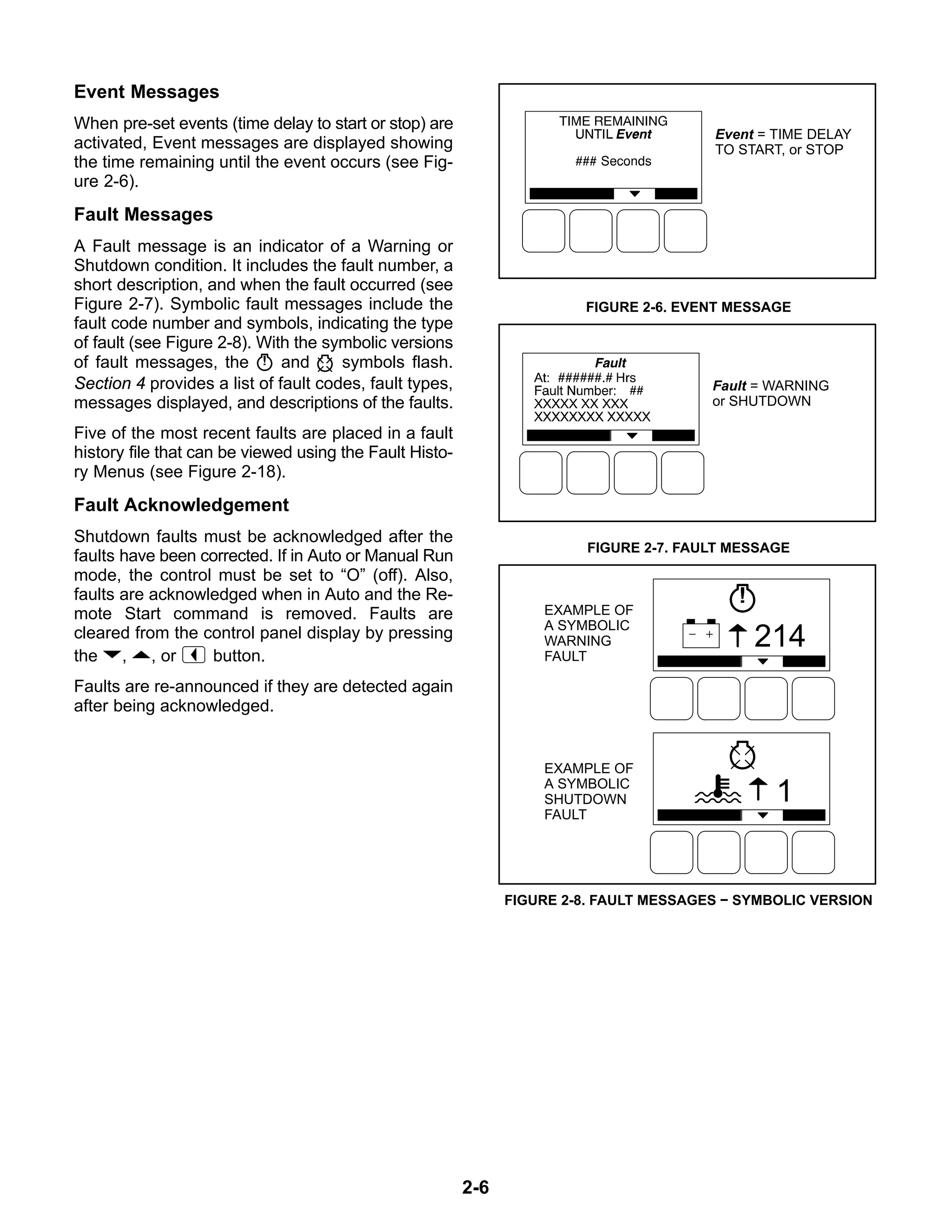 2-6
Event Messages
When pre-set events (time delay to start or stop) are
activated, Event messages are displayed showing
the time remaining until the event occurs (see Fig-
ure 2-6).
Fault Messages
A Fault message is an indicator of a Warning or
Shutdown condition. It includes the fault number, a
short description, and when the fault occurred (see
Figure 2-7). Symbolic fault messages include the
fault code number and symbols, indicating the type
of fault (see Figure 2-8). With the symbolic versions
of fault messages, the and symbols flash.
Section 4 provides a list of fault codes, fault types,
messages displayed, and descriptions of the faults.
Five of the most recent faults are placed in a fault
history file that can be viewed using the Fault Histo-
ry Menus (see Figure 2-18).
Fault Acknowledgement
Shutdown faults must be acknowledged after the
faults have been corrected. If in Auto or Manual Run
mode, the control must be set to “O” (off). Also,
faults are acknowledged when in Auto and the Re-
mote Start command is removed. Faults are
cleared from the control panel display by pressing
the , , or button.
Faults are re-announced if they are detected again
after being acknowledged.
Event = TIME DELAY
TO START, or STOP
FIGURE 2-6. EVENT MESSAGE
Fault = WARNING
or SHUTDOWN
FIGURE 2-7. FAULT MESSAGE
1
214
EXAMPLE OF
A SYMBOLIC
WARNING
FAULT
EXAMPLE OF
A SYMBOLIC
SHUTDOWN
FAULT
FIGURE 2-8. FAULT MESSAGES − SYMBOLIC VERSION
 