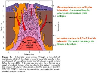 Geralmente ocorrem múltiplas 
intrusões a mineralização 
ocorre nas intrusões mais 
antigas 
Intrusões variam de 0,5 a 2 km2 de 
extensão comum presença de 
diques e brechas 
 