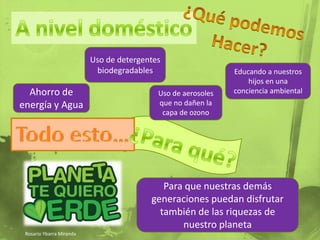 ¿Qué podemosHacer?A nivel domésticoUso de detergentes biodegradablesEducando a nuestros hijos en una conciencia ambientalAhorro de energía y AguaUso de aerosoles que no dañen la capa de ozonoTodo esto…¿Para qué?Para que nuestras demás generaciones puedan disfrutar también de las riquezas de nuestro planetaRosario Ybarra Miranda
