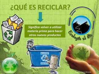 ¿Qué es reciclar?Significa volver a utilizar materia prima para hacer otros nuevos productosRosario Ybarra Miranda