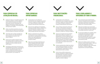48 49
1.	 Comprometer-se com políticas de
desmatamento zero, de garantia dos direitos
humanos e respeito aos direitos indígenas,
com metas verificáveis e relatórios de
progresso disponibilizados publicamente.
2.	 Criar ou reforçar mecanismos internos de
controle e monitoramento, para garantir
que não haja investimentos em áreas de
destruição ambiental, violações de direitos
humanos e conflitos em Territórios Indígenas.
3.	 Exigir que as empresas de seus portfólios
desenvolvam políticas vinculantes que
salvaguardem os direitos indígenas, como o
direito à Consulta Livre, Prévia e Informada;
que eliminem o desmatamento de suas
cadeias produtivas e que adotem medidas de
transparência em relação a seus fornecedores
como critério para receber financiamento
	 ou investimento.
4.	 Conduzir periodicamente diligências próprias
do seu portfólio de empresas com base nos
mais altos padrões de direitos humanos e
socioambientais, independente do nível de
relacionamento direto ou indireto.
5.	 Excluir do seu portfólio empresas que
possuam sistemáticas violações de direitos
socioambientais e de direitos humanos e
que se recusem a implementar políticas
abrangentes de desmatamento zero e
respeito aos direitos indígenas.
1.	 Criar mecanismos de acompanhamento,
controle e transparência para as instituições
financeiras, empresas de commodities e
importadoras que tenham relação direta ou
indireta com a Amazônia brasileira.
2.	 Exigir que os produtos que os seus países
importam não estejam destruindo a Amazônia
nem violando os direitos de Povos Indígenas,
comunidades ribeirinhas e tradicionais.
3.	 Em caso de reincidência nas violações, barrar
a importação de produtos de empresas
envolvidas em irregularidades, impedir
que estas empresas sigam a receber
financiamento de bancos públicos, e acabar
com os incentivos para que elas recebam
financiamento privado.
4.	 Abster-se de celebrar acordos comerciais,
incluindo o acordo União Europeia – Mercosul,
até que haja salvaguardas robustas e
verificáveis estabelecidas para a preservação
dos direitos e Territórios Indígenas,
especialmente na Amazônia brasileira.
1.	 Comprometer-se com políticas de
desmatamento zero, de garantia dos direitos
humanos e respeito aos direitos indígenas,
com metas verificáveis e relatórios de
progresso disponibilizados publicamente.
2.	 Excluir de seus catálogos de fornecedores
empresas envolvidas, direta ou indiretamente,
com desmatamento, invasões de Terras
Indígenas, violações de direitos humanos ou
outras ameaças descritas neste relatório.
3.	 Refinar os mecanismos de controle e
monitoramento de suas cadeias produtivas
para melhorar o rastreamento de commodities
desde a sua origem, garantindo a
transparência e publicidade dos
	 principais achados.
4.	 Exigir que as empresas fornecedoras que
tenham violações identificadas realizem
adequações imediatas dentro do prazo
máximo de um ano, sob risco de serem
excluídas da cadeia de fornecimento.
PARA INSTITUIÇÕES
FINANCEIRAS:
PARA LEGISLADORES E
GOVERNOS EM TODO O MUNDO:
PARA EMPRESAS
IMPORTADORAS:
1.	 Garantir em todas as circunstâncias que suas
atividades respeitem os direitos indígenas,
como o direito à Consulta Livre, Prévia e
Informada, conforme a Declaração das
Nações Unidas sobre os Direitos dos Povos
Indígenas e a Convenção 169 da Organização
Internacional do Trabalho.
2.	 Adotar uma política de tolerância zero para
quaisquer atos de violência contra defensores
do meio ambiente nos territórios onde atuam.
3.	 Interromper toda e qualquer atividade que
possa contribuir com o desmatamento e
	 com ameaças aos territórios e aos
	 direitos indígenas.
4.	 Excluir de suas cadeias produtivas todos
fornecedores, diretos ou indiretos, envolvidos
com desmatamento, invasões de Terras
Indígenas, ou outras ameaças descritas
	 neste relatório.
5.	 Disponibilizar publicamente mecanismos de
rastreabilidade que permitam a transparência
de toda a sua cadeia de suprimentos, até
a menor unidade administrativa, para o
melhor acompanhamento dos reguladores
governamentais e da sociedade civil.
PARA EMPRESAS EM
ATUAÇÃO NO BRASIL:
 