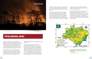 54 55
Nesse ano, o mundo assistiu não apenas às
queimadas na Amazônia, que chegaram a áreas de
florestas intocadas184
. A devastação deste ano não
se limita ao bioma Amazônia, mas também tem
sido particularmente severa no Pantanal185
, bem
como no bioma Cerrado. A seca e o fogo criminoso
devastaram quase todos os biomas186
do Brasil.
De 1º de janeiro a 13 de setembro de 2020, o
Programa Queimadas187
do Instituto Nacional
de Pesquisas Espaciais (Inpe) registrou 130.406
queimadas no país, maior notificação para este
mesmo período desde 2010. Frente a 2019, a
quantidade de incêndios nas florestas brasileiras já
subiu 10%188
.
A área mais afetada pelo fogo em 2020 é a
Amazônia. Até 12 de setembro, o Inpe registrou
60.675 incêndios na região, 8% a mais do que os
registros no mesmo período de 2019 (56.085)189
.
Já nas Terras Indígenas190
, os alertas de focos de
calor registraram no mês de julho um aumento de
76,72% na comparação com o mesmo mês em
2019 – o número de episódios subiu de 305 para
539. Nos quatro primeiros meses de 2020, alertas
de desmatamento em Terras Indígenas da região
cresceram 59% em comparação ao mesmo período
em 2019. Os dados confirmam o crescimento da
atividade irregular de madeireiros e garimpeiros nos
territórios191
.
O aumento de queimadas ocorreu na Amazônia
mesmo com a presença do Exército na região e
com o decreto federal que proíbe o uso de fogo
no bioma por quatro meses. Entre maio e agosto,
período de presença do Exército na Amazônia, o
número de queimadas foi de 39.187, basicamente o
mesmo de 2019 (38.952), confirmando192
o fracasso
da operação das Forças Armadas instituída na
Amazônia pelo governo Bolsonaro como plano de
combate ao desmatamento.
Enquanto o fogo se espalha pelo Brasil, o governo
nega a gravidade do problema e, em vez de
combatê-lo, tenta gerar desconfiança contra órgãos
técnicos, como o Inpe. Após as notícias da explosão
de queimadas em setembro, o vice-presidente e
chefe do Conselho da Amazônia, Hamilton Mourão,
afirmou que funcionários do Inpe fazem oposição ao
governo federal13
.
PÁTRIA QUEIMADA, BRASIL
Onde há fogo, já houve desmatamento. Mapa mostra
relação direta entre as duas ameaças à floresta e aos
Povos Indígenas.
(Fontes: ver Referências na página 87)
Foto: Bruno Kelly/Amazônia Real
Queimadas no município de Apuí, no
Amazonas, em agosto de 2020.
 