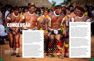 74 75
74 75
CONCLUSÃO
A Amazônia brasileira é um dos epicentros
das crises ambiental e de direitos humanos
do planeta, empurrada à beira do abismo por
forças políticas, econômicas e, muitas vezes,
também criminosas, que buscam obter lucros
acima de tudo. Os Povos Indígenas e tradicionais
da Amazônia estão na linha de frente desses
conflitos, lutando para defender a floresta e seus
territórios, culturas e modos de vida das ameaças
que também colocam em risco o bem-estar
coletivo da humanidade.
A devastação da maior floresta tropical do
planeta, com suas graves implicações para a
estabilidade climática, não pode ser entendida
simplesmente como uma questão brasileira,
mas como uma tragédia possibilitada e
potencializada pelos mercados globais. Das
empresas que compram e negociam commodities
que impulsionam o desmatamento e conflitos
por terra, às instituições que financiam o
comportamento ilícito de atores corporativos
cúmplices da destruição, o capital global
é decisivo na manutenção de um sistema
econômico falido e do poder político daqueles
que o defendem.
Ao unir forças para destacar a crise atual e seus
motores – e propor um conjunto de soluções
urgentes e essenciais –, a APIB e a Amazon
Watch têm como objetivo convocar as instituições
globais que hoje são cúmplices a reformar
suas estruturas, usando seu poder e influência
para garantir a adesão a rigorosos padrões
socioambientais em todas as suas cadeias de
suprimentos e carteiras de investimento.
Ignorar as implicações desastrosas das
agressivas violações ambientais e de direitos
humanos que acontecem na Amazônia brasileira
levará inevitavelmente a crescentes conflitos
sociais, a maior risco para os investidores e a
um descontrole climático ainda mais acentuado,
que prejudicará profundamente as possibilidades
de prosperidade no futuro.
Somente um esforço verdadeiramente global
pode enfrentar os desafios deste momento
crucial. Ainda há uma oportunidade, mas todos –
empresas, governos, investidores e a sociedade
civil brasileira e internacional – precisam
trabalhar juntos, rapidamente, para realizar
mudanças radicais. A hora de agir é agora,
enquanto ainda há tempo.
Foto:
Todd
Southgate/Fundação
Darcy
Ribeiro
Guerreiros Yawalapiti no Encerramento do
Encontro dos Povos Mebengokrê na aldeia
Piaraçu, na Terra Indígena Capoto Jarina, Mato
Grosso, em janeiro de 2020.
 