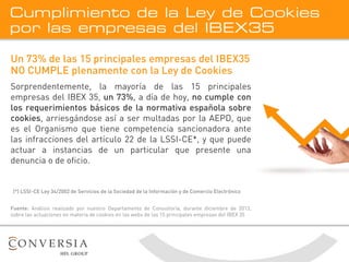 Cumplimiento de la Ley de Cookies
por las empresas del IBEX35
Un 73% de las 15 principales empresas del IBEX35
NO CUMPLE p...