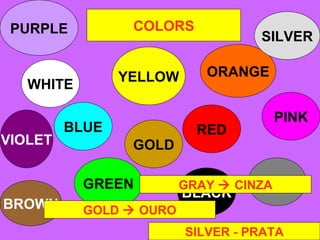 COLORS WHITE YELLOW BLUE RED ORANGE PINK PURPLE VIOLET GREEN GOLD SILVER GRAY BROWN BLACK GRAY    CINZA GOLD    OURO SILVER - PRATA 