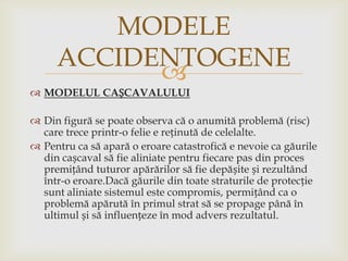 MODELE
ACCIDENTOGENE

 MODELUL CAȘCAVALULUI

 Din figură se poate observa că o anumită problemă (risc)
care trece printr-o felie e reținută de celelalte.
 Pentru ca să apară o eroare catastrofică e nevoie ca găurile
din cașcaval să fie aliniate pentru fiecare pas din proces
premițând tuturor apărărilor să fie depășite și rezultând
într-o eroare.Dacă găurile din toate straturile de protecție
sunt aliniate sistemul este compromis, permițând ca o
problemă apărută în primul strat să se propage până în
ultimul și să influențeze în mod advers rezultatul.

 