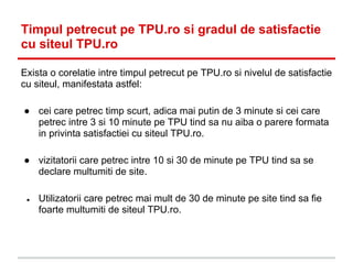 Timpul petrecut pe TPU.ro si gradul de satisfactie
cu siteul TPU.ro
Exista o corelatie intre timpul petrecut pe TPU.ro si ...