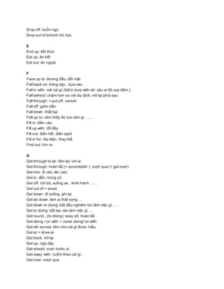 Drop off: buồn ngủ
Drop out of school: bỏ học
E
End up: kết thúc
Eat up: ăn hết
Eat out: ăn ngoài
F
Face up to: đương đầu, đối mặt
Fall back on: trông cậy , dựa vào . .
Fall in with: mê cái gì (fall in love with sb: yêu ai đó say đắm ).
Fall behind: chậm hơn so với dự định, rớt lại phía sau
Fall through: = put off, cancel
Fall off: giảm dần
Fall down: thất bại
Fell up to: cảm thấy đủ sức làm gì . .. .
Fill in: điền vào
Fill up with: đổ đầy
Fill out: điền hết, điền sạch
Fill in for: đại diện, thay thế
Find out: tìm ra
G
Get through to sb: liên lạc với ai
Get through: hoàn tất (= accomplish ), vượt qua (= get over)
Get into: đi vào, lên (xe)
Get in: đến, trúng cử
Get off: cởi bỏ, xuống xe , khởi hành . . . .
Get out of = avoid
Get down: đi xuống, ghi lại
Get sb down: làm ai thất vọng . .
Get down to doing: bắt đầu nghiêm túc làm việc gì . . .
Get to doing: bắt tay vào làm việc gì . .
Get round...(to doing): xoay sở, hoàn tất
Get along / on with = come along/ on with
Get sth across: làm cho cái gì được hiểu
Get at = drive at
Get back: trở lại
Get up: ngủ dậy
Get ahead: vượt trước ai
Get away with: cuỗm theo cái gì .
Get over: vượt qua.
 