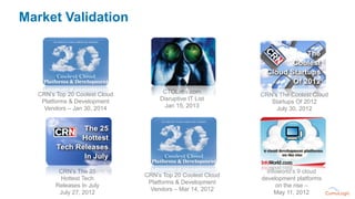 Market Validation
CRN’s Top 20 Coolest Cloud
Platforms & Development
Vendors – Mar 14, 2012
Infoworld’s 9 cloud
developmen...