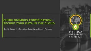 CUMULONIMBUS FORTIFICATION -
SECURE YOUR DATA IN THE CLOUD
David Busby | Information Security Architect | PerconaDavid Busby | Information Security Architect | Percona
 