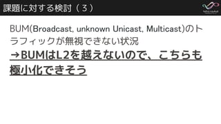 課題に対する検討（３）
BUM(Broadcast, unknown Unicast, Multicast)のト
ラフィックが無視できない状況
→BUMはL2を越えないので、こちらも
極小化できそう
 