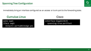 Spanning Tree Configuration
cumulusnetworks.com 13
auto swp1
iface swp1
mstpctl-portadminedge yes
interface Gigabit0/0
spa...