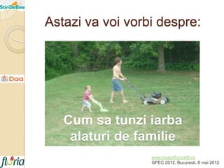 Astazi va voi vorbi despre:




   Cum sa tunzi iarba
    alaturi de familie
                  www.mugurfrunzetti.ro
                  GPEC 2012, Bucuresti, 8 mai 2012
 