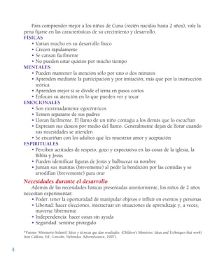 4
Para comprender mejor a los niños de Cuna (recién nacidos hasta 2 años), vale la
pena fijarse en las características de su crecimiento y desarrollo.
FÍSICAS
• Varían mucho en su desarrollo físico
• Crecen rápidamente
• Se cansan fácilmente
• No pueden estar quietos por mucho tiempo
MENTALES
• Pueden mantener la atención sólo por uno o dos minutos
• Aprenden mediante la participación y por imitación, más que por la instrucción
teórica
• Aprenden mejor si se divide el tema en pasos cortos
• Enfocan su atención en lo que pueden ver y tocar
EMOCIONALES
• Son extremadamente egocéntricos
• Temen separarse de sus padres
• Lloran fácilmente. El llanto de un niño contagia a los demás que lo escuchan
• Expresan sus deseos por medio del llanto. Generalmente dejan de llorar cuando
sus necesidades se atienden
• Se encariñan con los adultos que les muestran amor y aceptación
ESPIRITUALES
• Perciben actitudes de respeto, gozo y expectativa en las cosas de la iglesia, la
Biblia y Jesús
• Pueden identificar figuras de Jesús y balbucear su nombre
• Juntan sus manitas (brevemente) al pedir la bendición por las comidas y se
arrodillan (brevemente) para orar
Necesidades durante el desarrollo
Además de las necesidades básicas presentadas anteriormente, los niños de 2 años
necesitan experimentar:
• Poder: tener la oportunidad de manipular objetos e influir en eventos y personas
• Libertad: hacer elecciones, interactuar en situaciones de aprendizaje y, a veces,
moverse libremente
• Independencia: hacer cosas sin ayuda
• Seguridad: sentirse protegido
*Fuente: Ministerio Infantil: Ideas y técnicas que dan resultados. (Children’s Ministries: Ideas and Techniques that work)
Ann Calkins, Ed., Lincoln, Nebraska. AdventSource, 1997).
 