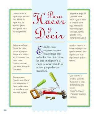 40
Llame o visite a
alguien que su niño
ama. Hable de
algún acto de
bondad que su
niño puede hacer
por esa persona.
Salgan a un lugar
donde los niños
corran y jueguen.
Anime a su niño a
ser bondadoso con
otros niños.
Canten un canto
que hable acerca de
compartir.
Jueguen al juego de
“¿Puedes hacer
esto?”. Que su niño
le ayude a hacer
algo bondadoso
mientras juegan.
(Recoger papeles,
guardar libros,
poner la mesa, etc.)
E
studie estas
sugerencias para
poder hacer algo
todos los días. Seleccione
las que se adapten a la
etapa de desarrollo de su
niño/a y repítalas con
frecuencia.
Que su niño le
ayude a poner la
mesa para la cena
de la familia esta
noche.
Digan “por favor”
y “gracias” mientras
trabajan.
Construya un
“cuarto para Eliseo”
con bloquecitos o
cajas vacías, o use
un martillo y una
sierra de juguete.
Ayude a su niño a
hacer una tarjeta de
agradecimiento para
alguien que hizo
algo amable por su
familia.
Para
Hacery
Decir
 