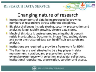 Increasing amounts of data being produced by growing
numbers of researchers across different disciplines.
Big data challen...