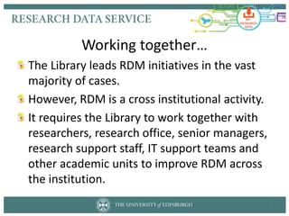 The Library leads RDM initiatives in the vast
majority of cases.
However, RDM is a cross institutional activity.
It requir...