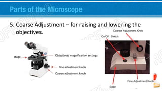 Parts of the Microscope 
5. Coarse Adjustment – for raising and lowering the 
objectives. 
 