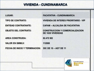 LUGAR:                           FACATATIVA - CUNDINAMARCA

TIPO DE CONTRATO:                VIVIENDA DE INTERES PRIORITARIO - VIP

ENTIDAD CONTRATANTE:             CAFAM – ALCALDIA DE FACATATIVA

OBJETO DEL CONTRATO:             CONSTRUCCION Y COMERCIALIZACION
                                 DE 1630 VIVIENDAS

AREA CONSTRUIDA:                 82.472 M2

VALOR EN SMMLV:                  112088

FECHA DE INICIO Y TERMINACION:   DIC DE 10 – AGT DE 11
 