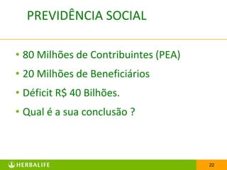 PREVIDÊNCIA SOCIAL

• 80 Milhões de Contribuintes (PEA)
• 20 Milhões de Beneficiários
• Déficit R$ 40 Bilhões.
• Qual é a sua conclusão ?



                                      22
 