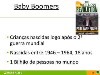 Baby Boomers


• Crianças nascidas logo após o 2ª
  guerra mundial
• Nascidas entre 1946 – 1964, 18 anos
• 1 Bilhão de pessoas no mundo
                                     25
 