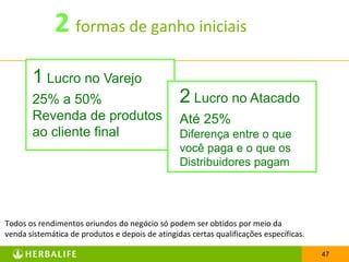 2 formas de ganho iniciais
       1 Lucro no Varejo
       25% a 50%                                 2 Lucro no Atacado
       Revenda de produtos                       Até 25%
       ao cliente final                          Diferença entre o que
                                                 você paga e o que os
                                                 Distribuidores pagam




Todos os rendimentos oriundos do negócio só podem ser obtidos por meio da
venda sistemática de produtos e depois de atingidas certas qualificações específicas.

                                                                                        47
 