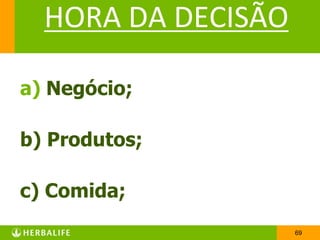 HORA DA DECISÃO

a) Negócio;

b) Produtos;

c) Comida;
                    69
 