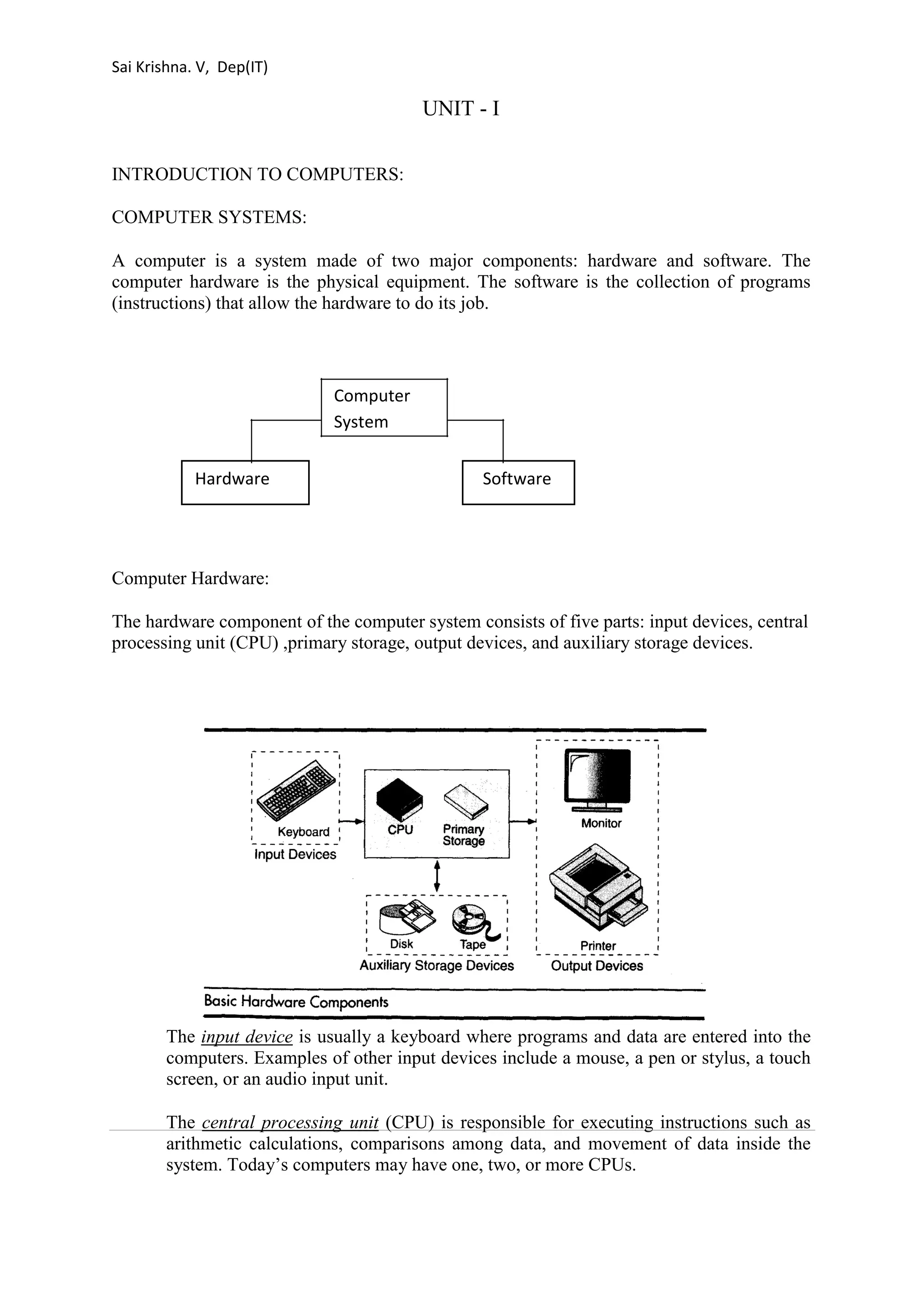 Sai Krishna. V, Dep(IT) 
UNIT - I 
INTRODUCTION TO COMPUTERS: 
COMPUTER SYSTEMS: 
A computer is a system made of two major components: hardware and software. The 
computer hardware is the physical equipment. The software is the collection of programs 
(instructions) that allow the hardware to do its job. 
Computer 
System 
Hardware Software 
Computer Hardware: 
The hardware component of the computer system consists of five parts: input devices, central 
processing unit (CPU) ,primary storage, output devices, and auxiliary storage devices. 
The input device is usually a keyboard where programs and data are entered into the 
computers. Examples of other input devices include a mouse, a pen or stylus, a touch 
screen, or an audio input unit. 
The central processing unit (CPU) is responsible for executing instructions such as 
arithmetic calculations, comparisons among data, and movement of data inside the 
system. Today’s computers may have one, two, or more CPUs. 
 