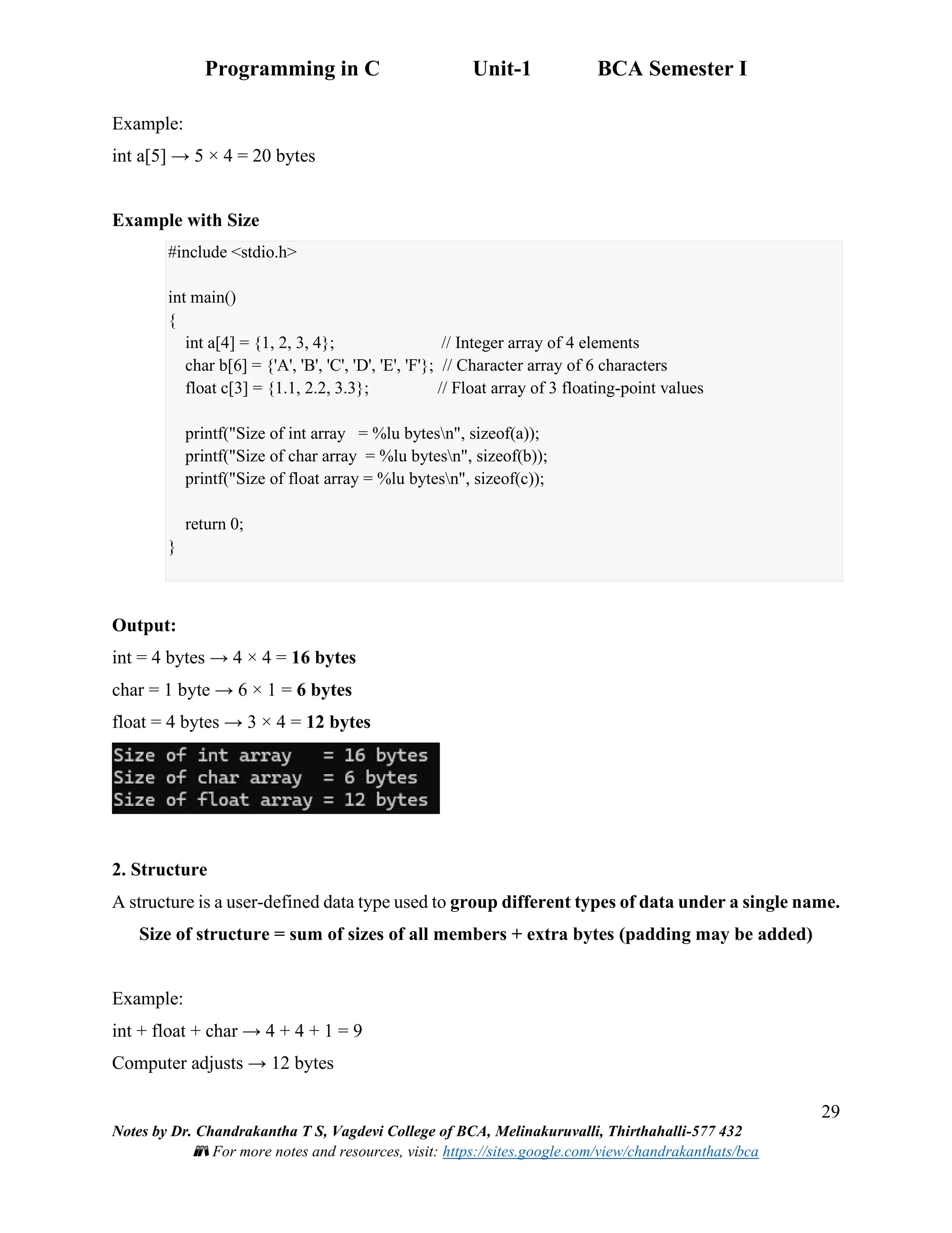Programming in C Unit-1 BCA Semester I
29
Notes by Dr. Chandrakantha T S, Vagdevi College of BCA, Melinakuruvalli, Thirthahalli-577 432
📚 For more notes and resources, visit: https://sites.google.com/view/chandrakanthats/bca
Example:
int a[5] → 5 × 4 = 20 bytes
Example with Size
#include <stdio.h>
int main()
{
int a[4] = {1, 2, 3, 4}; // Integer array of 4 elements
char b[6] = {'A', 'B', 'C', 'D', 'E', 'F'}; // Character array of 6 characters
float c[3] = {1.1, 2.2, 3.3}; // Float array of 3 floating-point values
printf("Size of int array = %lu bytesn", sizeof(a));
printf("Size of char array = %lu bytesn", sizeof(b));
printf("Size of float array = %lu bytesn", sizeof(c));
return 0;
}
Output:
int = 4 bytes → 4 × 4 = 16 bytes
char = 1 byte → 6 × 1 = 6 bytes
float = 4 bytes → 3 × 4 = 12 bytes
2. Structure
A structure is a user-defined data type used to group different types of data under a single name.
Size of structure = sum of sizes of all members + extra bytes (padding may be added)
Example:
int + float + char → 4 + 4 + 1 = 9
Computer adjusts → 12 bytes
 