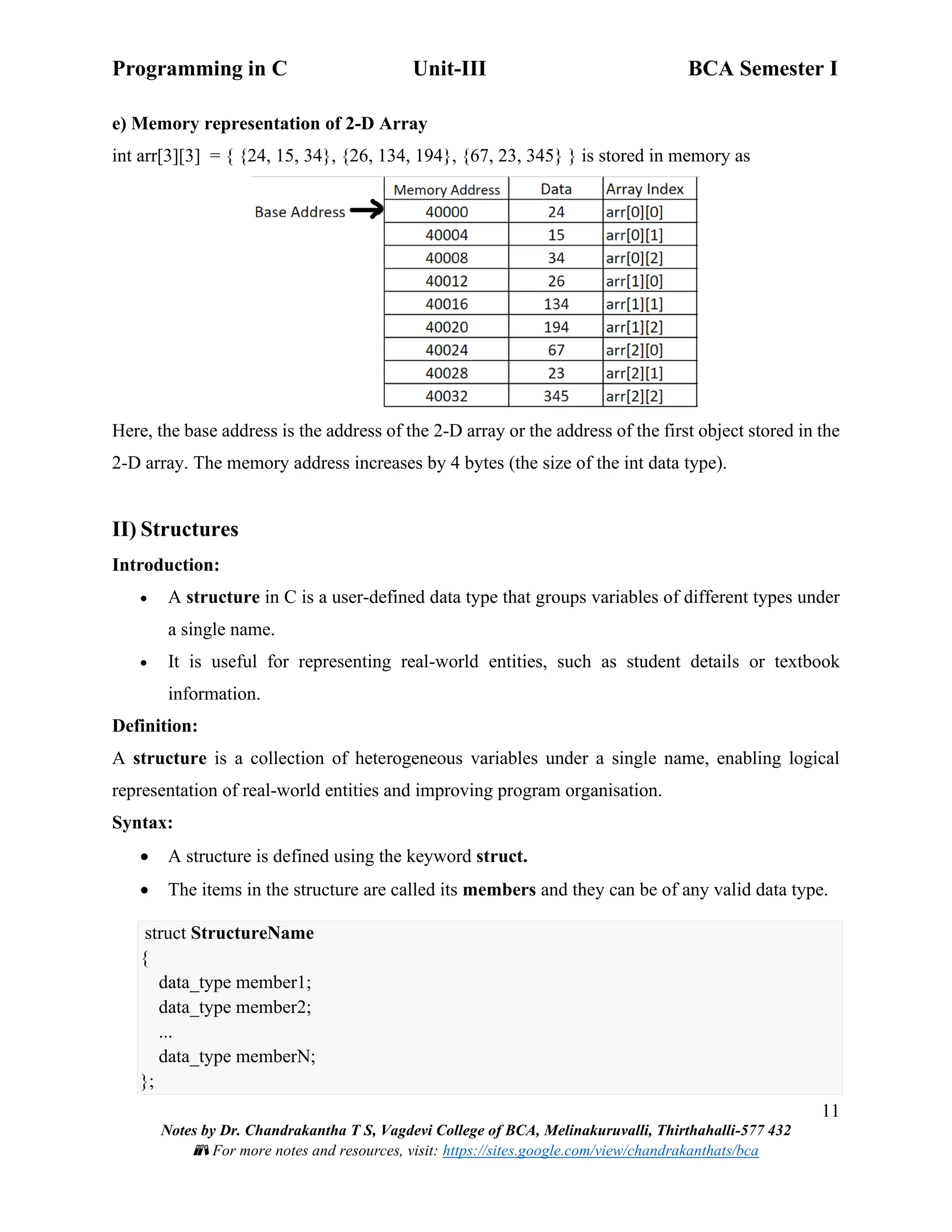 Programming in C Unit-III BCA Semester I
11
Notes by Dr. Chandrakantha T S, Vagdevi College of BCA, Melinakuruvalli, Thirthahalli-577 432
📚 For more notes and resources, visit: https://sites.google.com/view/chandrakanthats/bca
e) Memory representation of 2-D Array
int arr[3][3] = { {24, 15, 34}, {26, 134, 194}, {67, 23, 345} } is stored in memory as
Here, the base address is the address of the 2-D array or the address of the first object stored in the
2-D array. The memory address increases by 4 bytes (the size of the int data type).
II) Structures
Introduction:
• A structure in C is a user-defined data type that groups variables of different types under
a single name.
• It is useful for representing real-world entities, such as student details or textbook
information.
Definition:
A structure is a collection of heterogeneous variables under a single name, enabling logical
representation of real-world entities and improving program organisation.
Syntax:
• A structure is defined using the keyword struct.
• The items in the structure are called its members and they can be of any valid data type.
struct StructureName
{
data_type member1;
data_type member2;
...
data_type memberN;
};
 