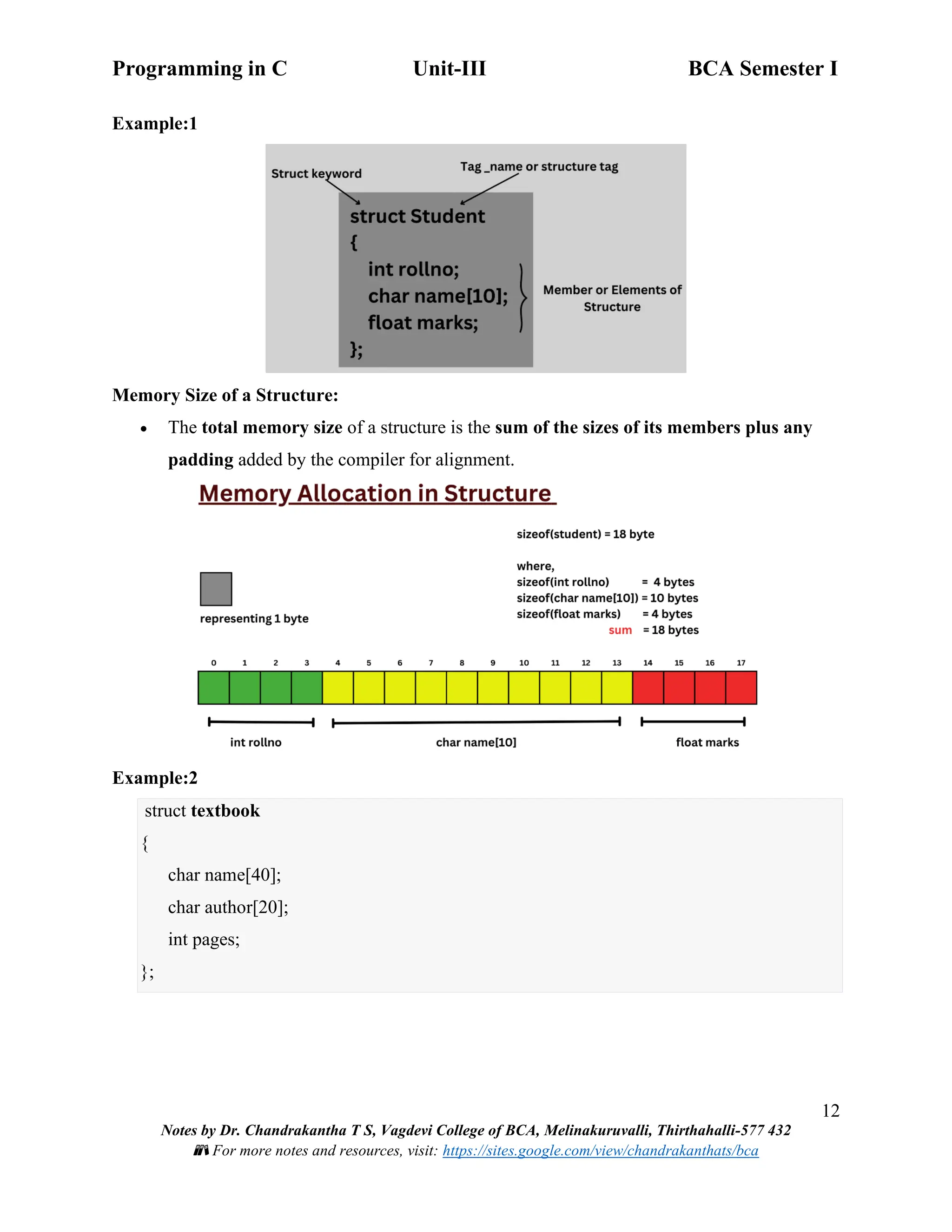 Programming in C Unit-III BCA Semester I
12
Notes by Dr. Chandrakantha T S, Vagdevi College of BCA, Melinakuruvalli, Thirthahalli-577 432
📚 For more notes and resources, visit: https://sites.google.com/view/chandrakanthats/bca
Example:1
Memory Size of a Structure:
• The total memory size of a structure is the sum of the sizes of its members plus any
padding added by the compiler for alignment.
Example:2
struct textbook
{
char name[40];
char author[20];
int pages;
};
 
