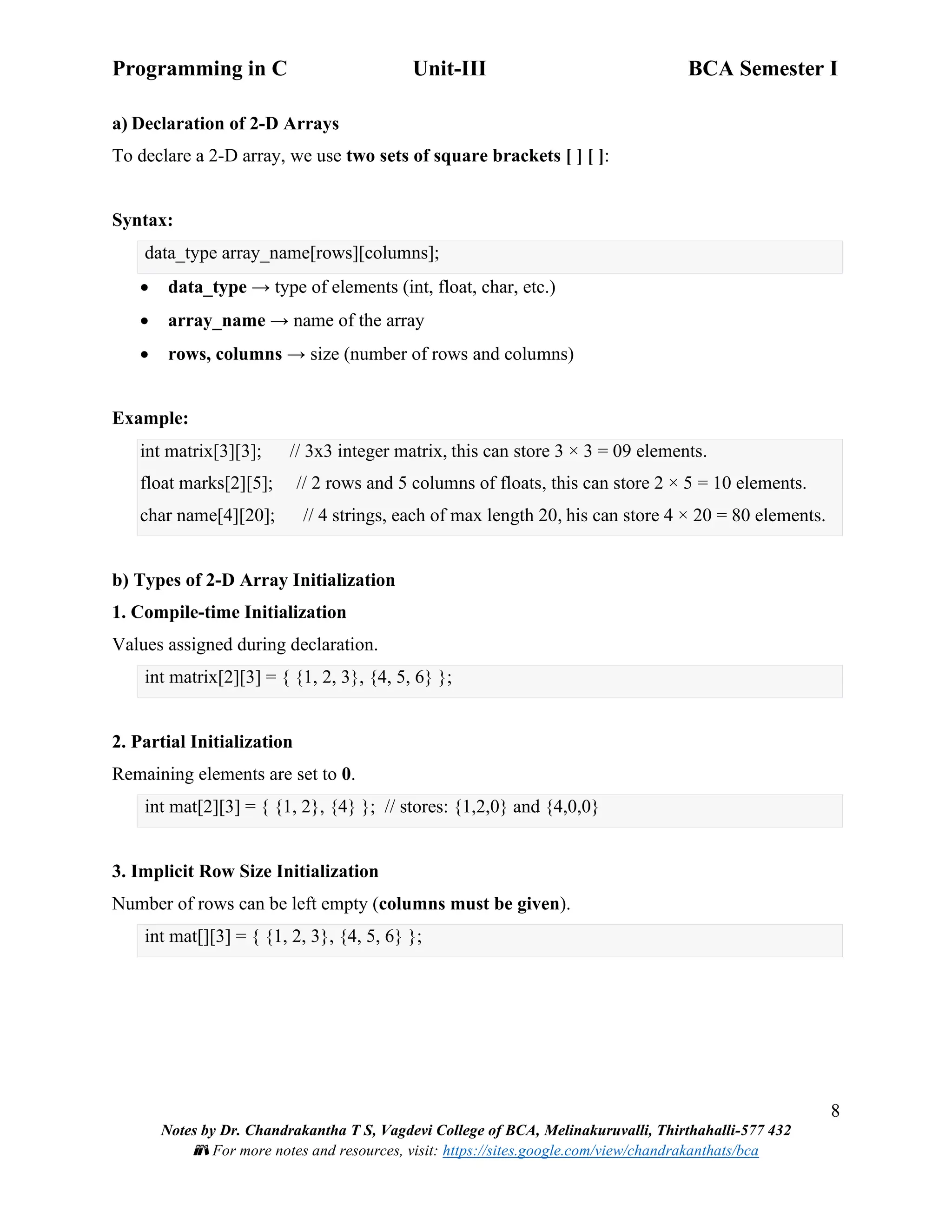 Programming in C Unit-III BCA Semester I
8
Notes by Dr. Chandrakantha T S, Vagdevi College of BCA, Melinakuruvalli, Thirthahalli-577 432
📚 For more notes and resources, visit: https://sites.google.com/view/chandrakanthats/bca
a) Declaration of 2-D Arrays
To declare a 2-D array, we use two sets of square brackets [ ] [ ]:
Syntax:
data_type array_name[rows][columns];
• data_type → type of elements (int, float, char, etc.)
• array_name → name of the array
• rows, columns → size (number of rows and columns)
Example:
int matrix[3][3]; // 3x3 integer matrix, this can store 3 × 3 = 09 elements.
float marks[2][5]; // 2 rows and 5 columns of floats, this can store 2 × 5 = 10 elements.
char name[4][20]; // 4 strings, each of max length 20, his can store 4 × 20 = 80 elements.
b) Types of 2-D Array Initialization
1. Compile-time Initialization
Values assigned during declaration.
int matrix[2][3] = { {1, 2, 3}, {4, 5, 6} };
2. Partial Initialization
Remaining elements are set to 0.
int mat[2][3] = { {1, 2}, {4} }; // stores: {1,2,0} and {4,0,0}
3. Implicit Row Size Initialization
Number of rows can be left empty (columns must be given).
int mat[][3] = { {1, 2, 3}, {4, 5, 6} };
 