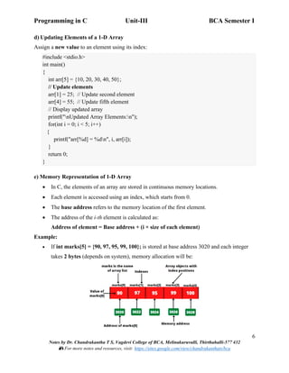 Programming in C Unit-III BCA Semester I
6
Notes by Dr. Chandrakantha T S, Vagdevi College of BCA, Melinakuruvalli, Thirthahalli-577 432
📚 For more notes and resources, visit: https://sites.google.com/view/chandrakanthats/bca
d) Updating Elements of a 1-D Array
Assign a new value to an element using its index:
#include <stdio.h>
int main()
{
int arr[5] = {10, 20, 30, 40, 50};
// Update elements
arr[1] = 25; // Update second element
arr[4] = 55; // Update fifth element
// Display updated array
printf("nUpdated Array Elements:n");
for(int i = 0; i < 5; i++)
{
printf("arr[%d] = %dn", i, arr[i]);
}
return 0;
}
e) Memory Representation of 1-D Array
• In C, the elements of an array are stored in continuous memory locations.
• Each element is accessed using an index, which starts from 0.
• The base address refers to the memory location of the first element.
• The address of the i-th element is calculated as:
Address of element = Base address + (i × size of each element)
Example:
• If int marks[5] = {90, 97, 95, 99, 100}; is stored at base address 3020 and each integer
takes 2 bytes (depends on system), memory allocation will be:
 