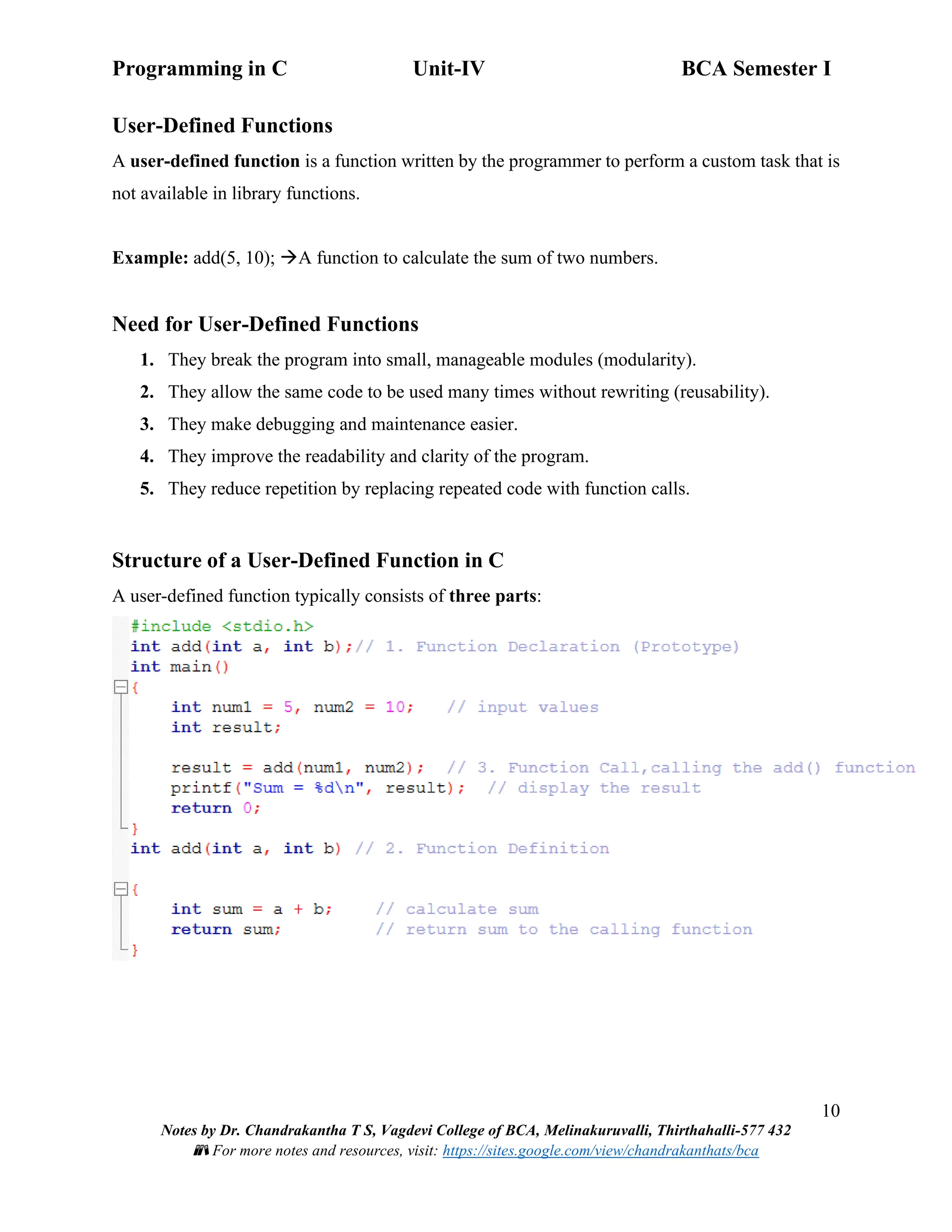 Programming in C Unit-IV BCA Semester I
10
Notes by Dr. Chandrakantha T S, Vagdevi College of BCA, Melinakuruvalli, Thirthahalli-577 432
📚 For more notes and resources, visit: https://sites.google.com/view/chandrakanthats/bca
User-Defined Functions
A user-defined function is a function written by the programmer to perform a custom task that is
not available in library functions.
Example: add(5, 10); →A function to calculate the sum of two numbers.
Need for User-Defined Functions
1. They break the program into small, manageable modules (modularity).
2. They allow the same code to be used many times without rewriting (reusability).
3. They make debugging and maintenance easier.
4. They improve the readability and clarity of the program.
5. They reduce repetition by replacing repeated code with function calls.
Structure of a User-Defined Function in C
A user-defined function typically consists of three parts:
 