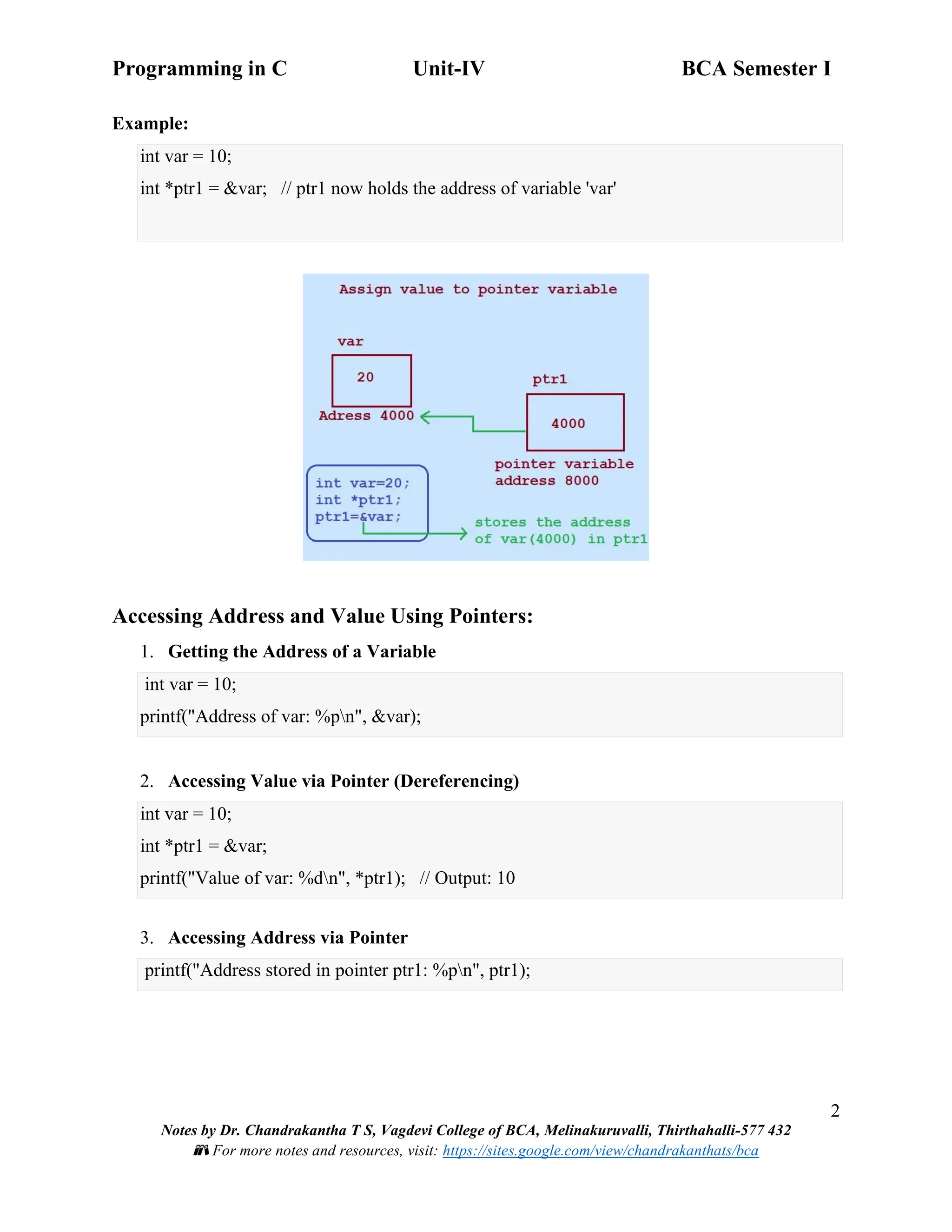 Programming in C Unit-IV BCA Semester I
2
Notes by Dr. Chandrakantha T S, Vagdevi College of BCA, Melinakuruvalli, Thirthahalli-577 432
📚 For more notes and resources, visit: https://sites.google.com/view/chandrakanthats/bca
Example:
int var = 10;
int *ptr1 = &var; // ptr1 now holds the address of variable 'var'
Accessing Address and Value Using Pointers:
1. Getting the Address of a Variable
int var = 10;
printf("Address of var: %pn", &var);
2. Accessing Value via Pointer (Dereferencing)
int var = 10;
int *ptr1 = &var;
printf("Value of var: %dn", *ptr1); // Output: 10
3. Accessing Address via Pointer
printf("Address stored in pointer ptr1: %pn", ptr1);
 