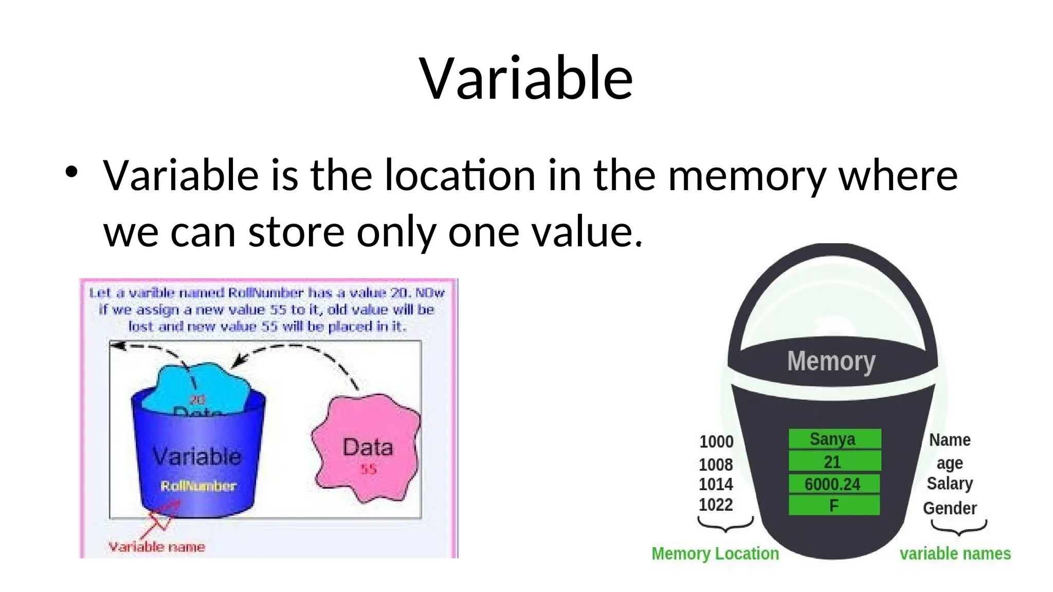 Variable
• Variable is the location in the memory where
we can store only one value.
 