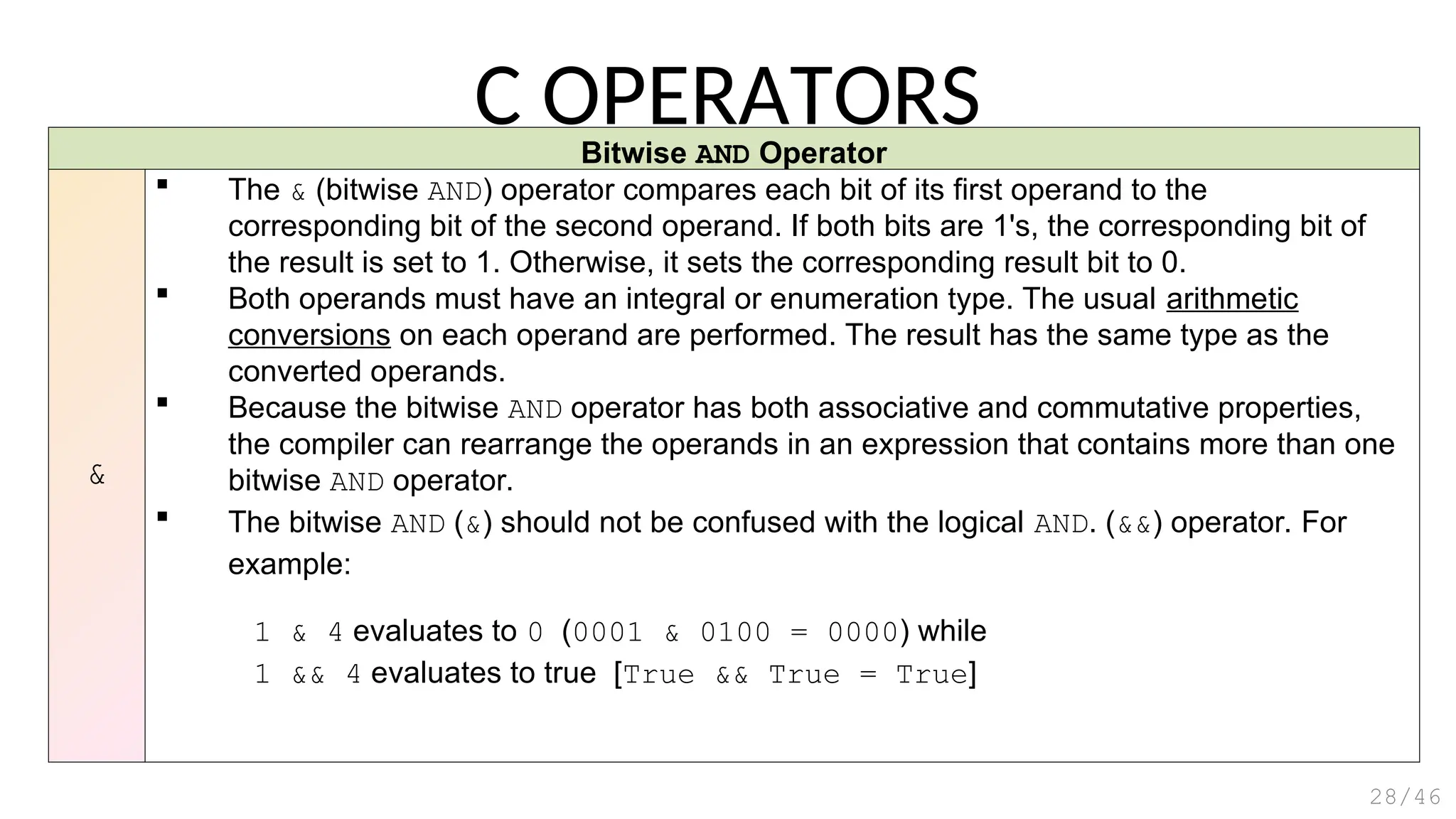Bitwise AND Operator
&
 The & (bitwise AND) operator compares each bit of its first operand to the
corresponding bit of the second operand. If both bits are 1's, the corresponding bit of
the result is set to 1. Otherwise, it sets the corresponding result bit to 0.
 Both operands must have an integral or enumeration type. The usual arithmetic
conversions on each operand are performed. The result has the same type as the
converted operands.
 Because the bitwise AND operator has both associative and commutative properties,
the compiler can rearrange the operands in an expression that contains more than one
bitwise AND operator.
 The bitwise AND (&) should not be confused with the logical AND. (&&) operator. For
example:
1 & 4 evaluates to 0 (0001 & 0100 = 0000) while
1 && 4 evaluates to true [True && True = True]
C OPERATORS
28/46
 