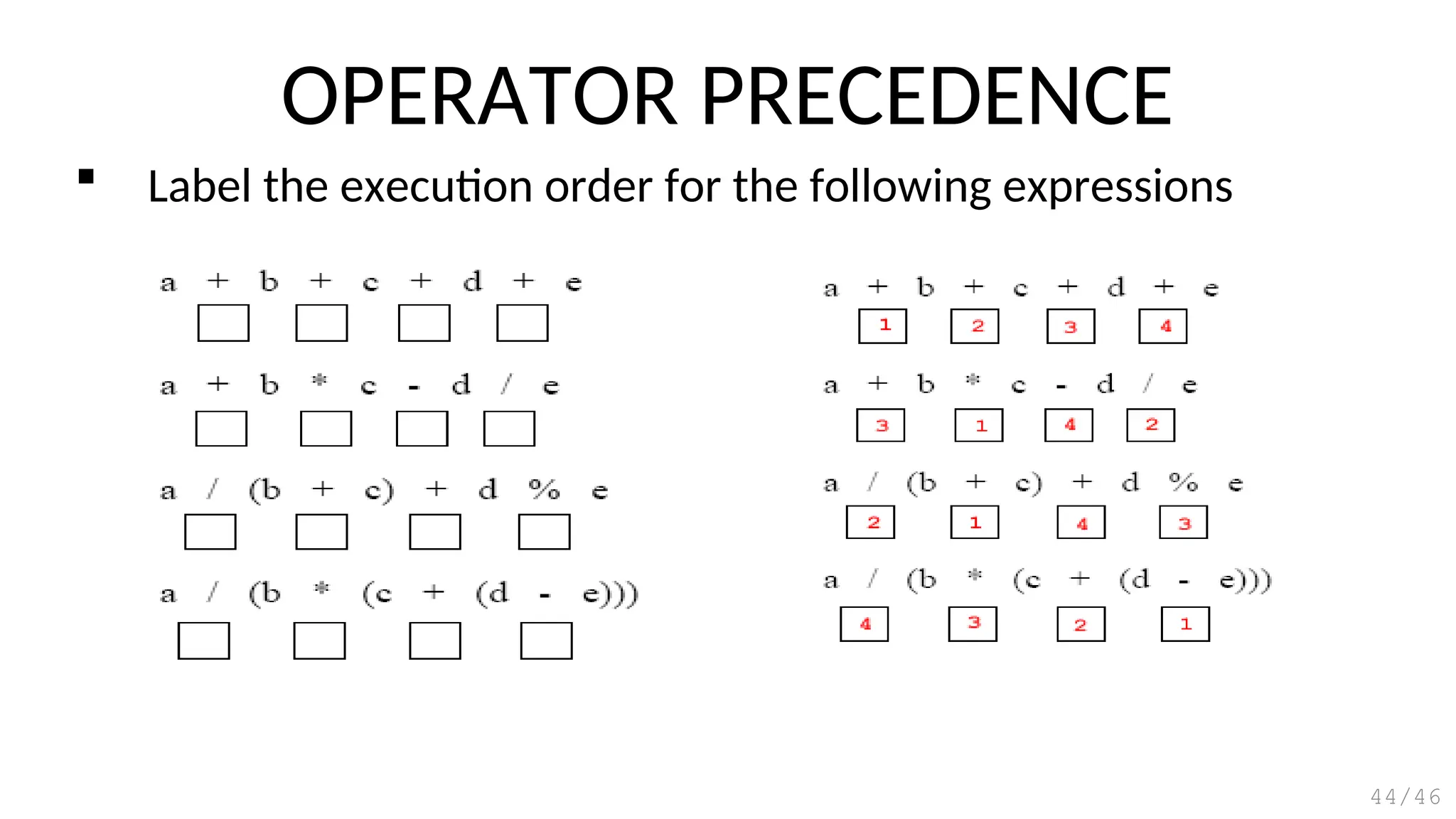  Label the execution order for the following expressions
OPERATOR PRECEDENCE
44/46
 