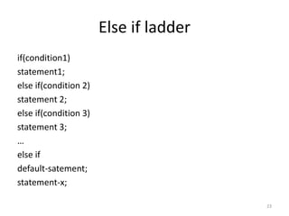 Else if ladder
if(condition1)
statement1;
else if(condition 2)
statement 2;
else if(condition 3)
statement 3;
…
else if
default-satement;
statement-x;
23
 