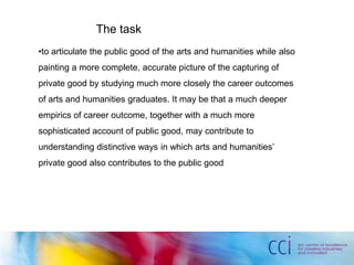 The task
•to articulate the public good of the arts and humanities while also
painting a more complete, accurate picture of the capturing of
private good by studying much more closely the career outcomes
of arts and humanities graduates. It may be that a much deeper
empirics of career outcome, together with a much more
sophisticated account of public good, may contribute to
understanding distinctive ways in which arts and humanities’
private good also contributes to the public good
 