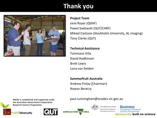 biosecurity built on science
Thank you
Project Team
Jane Royer (QDAF)
Pawel Sadowski (QUT/CARF)
Mikael Carlsson (Stockholm University, AL imaging)
Tony Clarke (QUT)
Technical Assistance
Tommaso Villa
David Hodkinson
Brett Lewis
Lona van Delden
Summerfruit Australia
Andrew Finlay (Chairman)
Rowan Berecry
paul.cunningham@ecodev.vic.gov.auPBCRC is established and supported under
the Australian Government Cooperative
Research Centres Programme
 