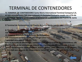 TERMINAL DE CONTENEDORES
TC TERMINAL DE CONTENEDORES Santa Marta International Terminal Company S.A.
es una sociedad entre...